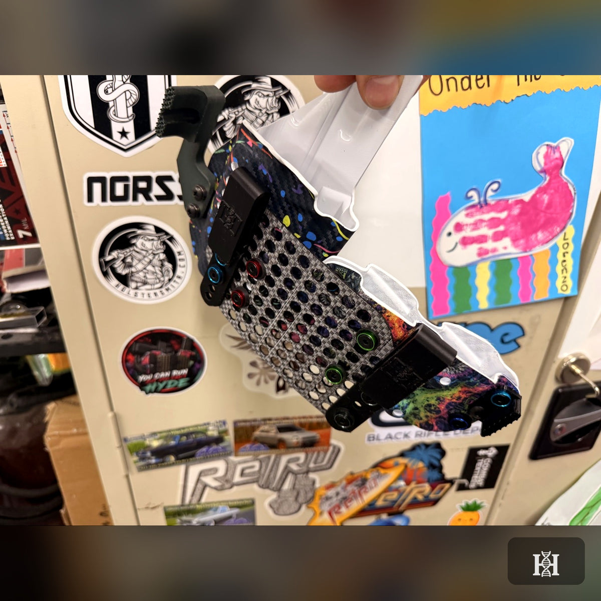 Neon splatter sidecar rig, angled view showing mag carrier and clips