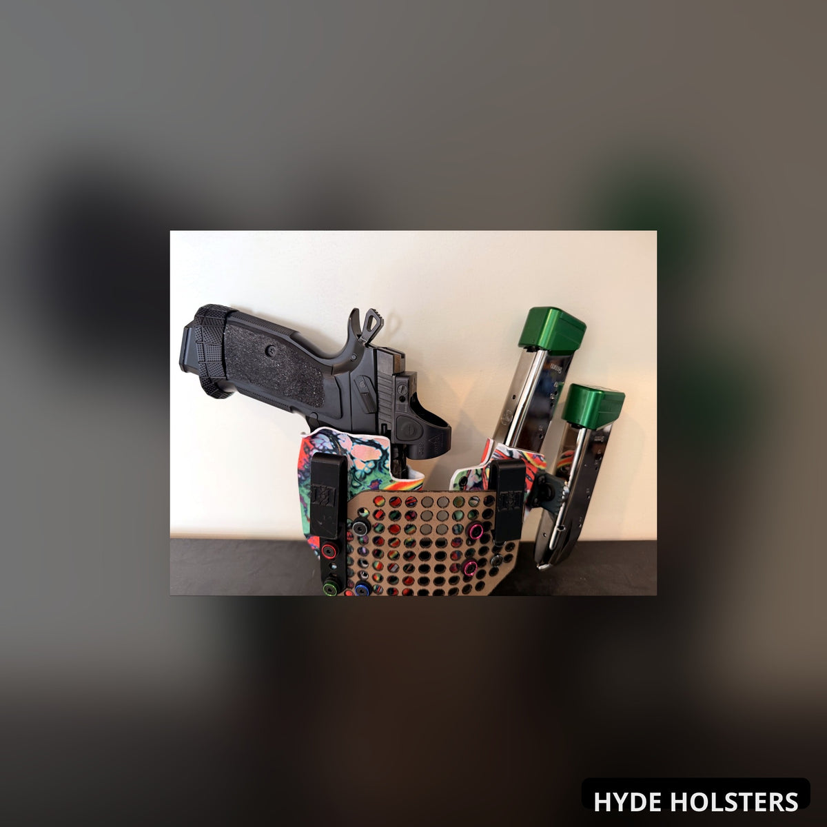 AIWB sidecar rig with 1911 pistol and dual magazine carriers with green basepads