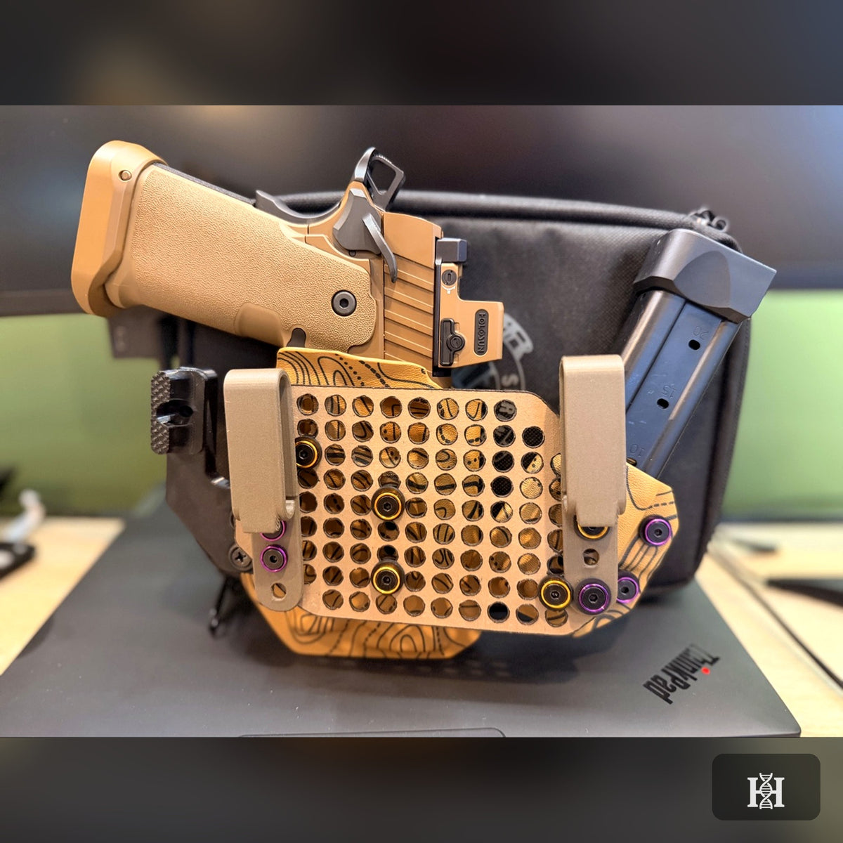 Tan topo-print sidecar rig with FDE 1911, back view showing vented panel