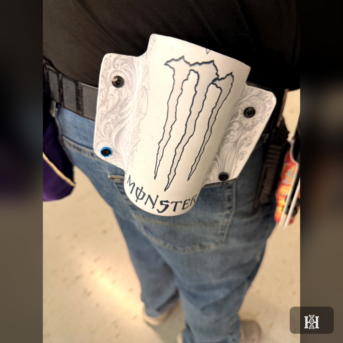 White Kydex can holder worn on belt